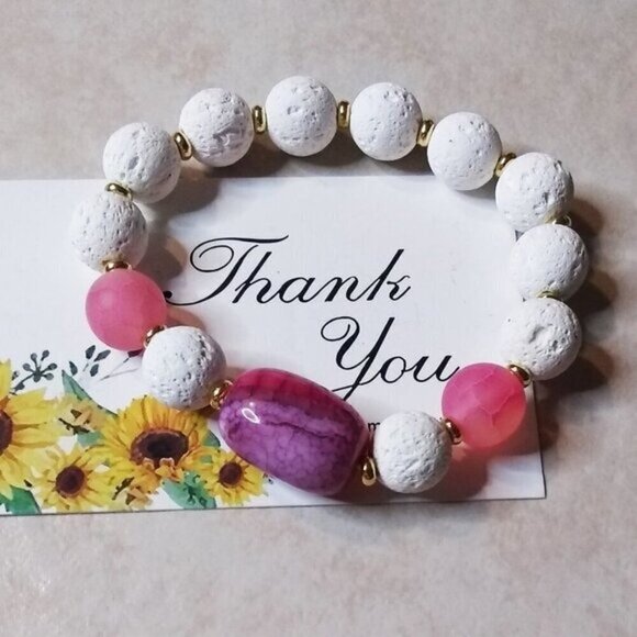 White Lava Rock Beads + Pink Dragonvein Agate ~ Petite Chunky Stretch Bracelet - Picture 5 of 8